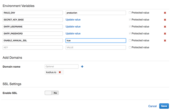 Environment variables form screenshot