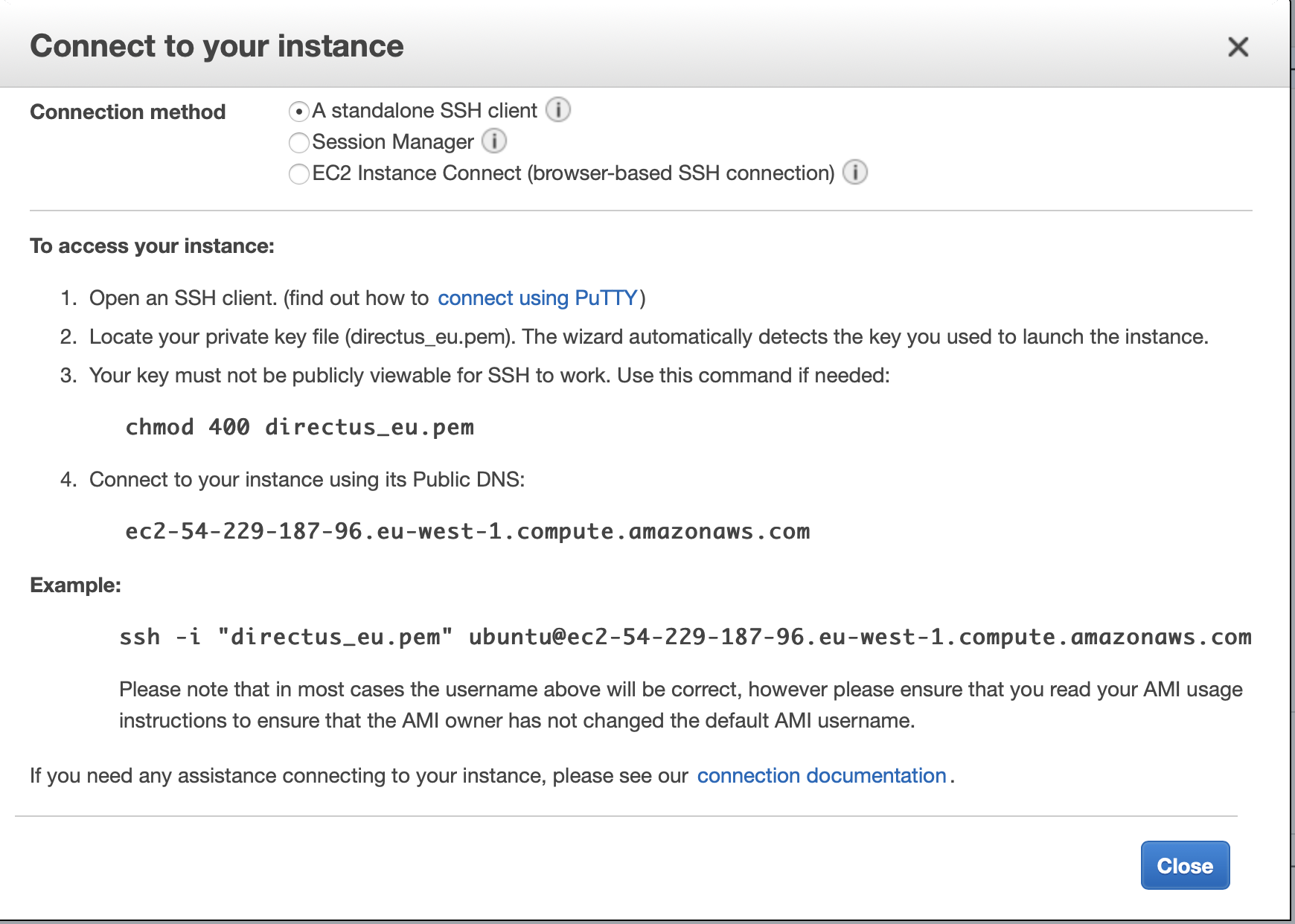 Connect to your instance screenshot 