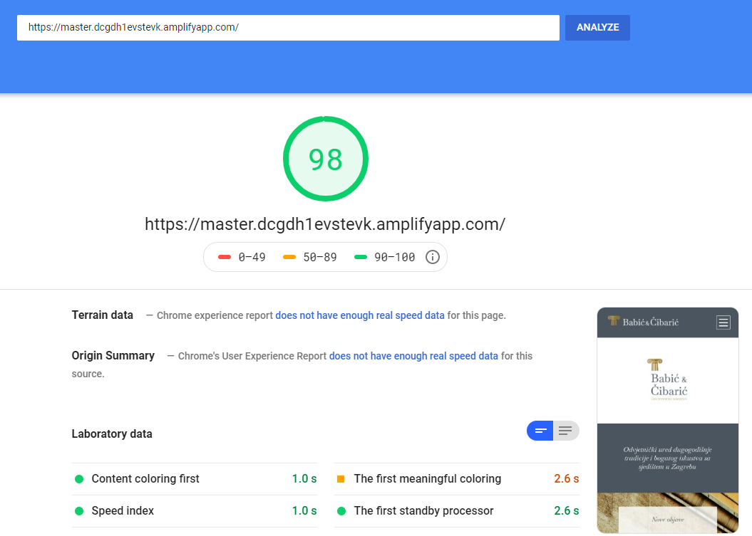 PageSpeed Insights  test for https://master.dcgdh1evstevk.amplifyapp.com/