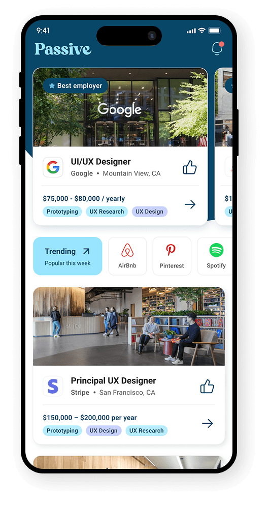 The Passive App feed shown on a phone, rotated slightly — a UI/UX Designer card at Google with skill tags, a trending row of Airbnb, Pinterest and Spotify, and a Principal UX Designer card at Stripe.