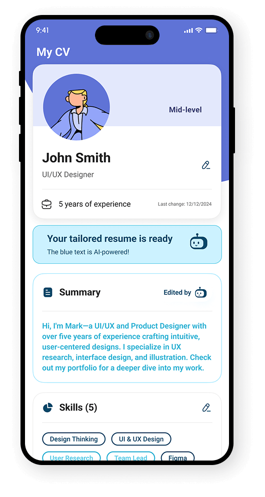 My CV screen showing the AI-tailored résumé with blue-highlighted edits and a banner that reads ‘Your tailored resume is ready — the blue text is AI-powered’.