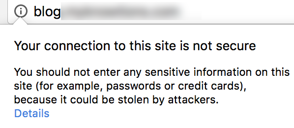 Screenshot of info message Your connection to this site is not secure