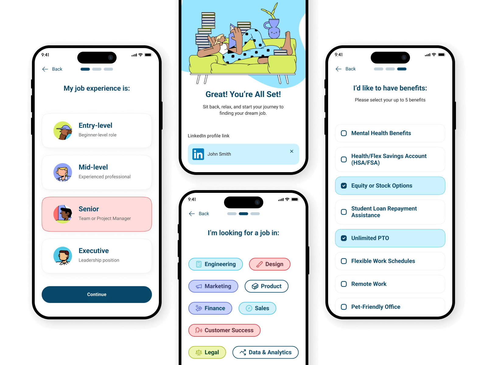 Four onboarding screens from The Passive App side-by-side — experience level selector with Senior chosen, a ‘Great! You’re all set’ confirmation with the LinkedIn profile linked, a job category picker with Engineering / Design / Marketing / Product chips, and a benefits selector with Equity and Unlimited PTO chosen.
