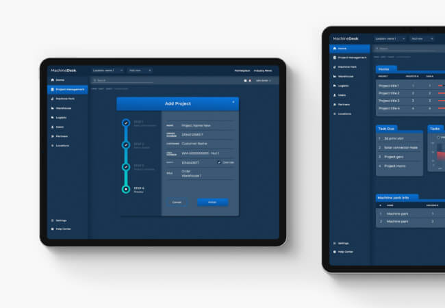 Two tilted tablet mockups showing Machine Desk — an Add Project wizard on the left and a project / task overview with KPI bars on the right.