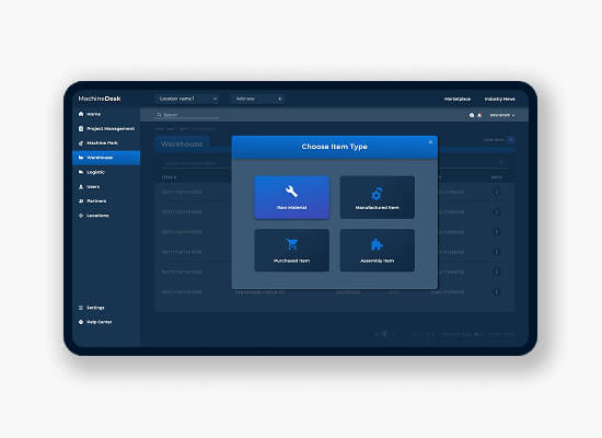 Machine Desk warehouse screen on a tilted tablet — a Choose Item Type modal offering Raw Material, Manufactured Item, Purchased Item and Assembly Item.